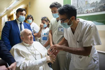Pope Francis greets staff and patients at the Gemelli Hospital in Rome, July 11, 2021.